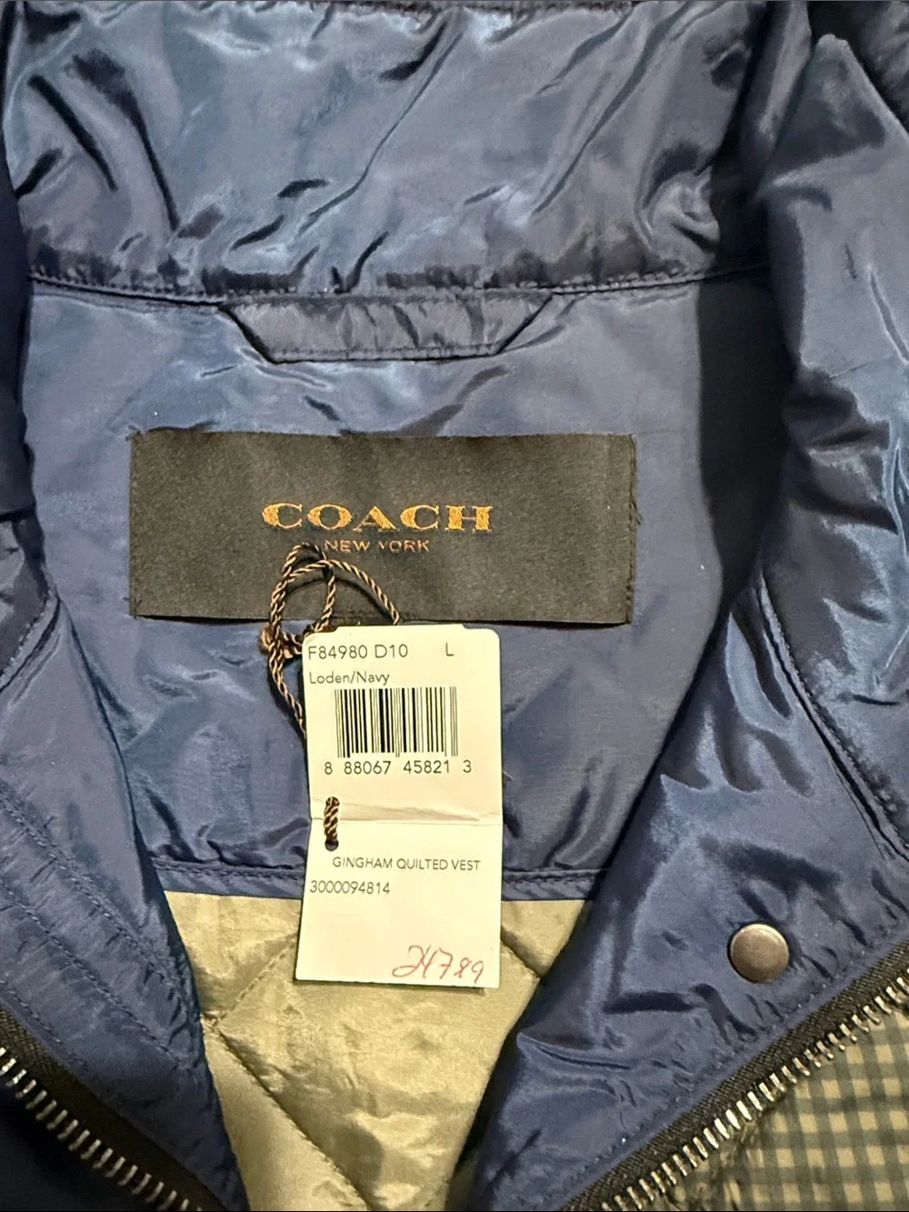 Coach Women's Quilted Loden/Navy Gingham Vest